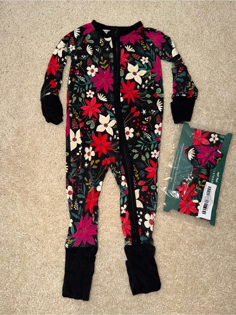 Little Sleepies Black Floral Footie with Red & Pink Flowers & Headband